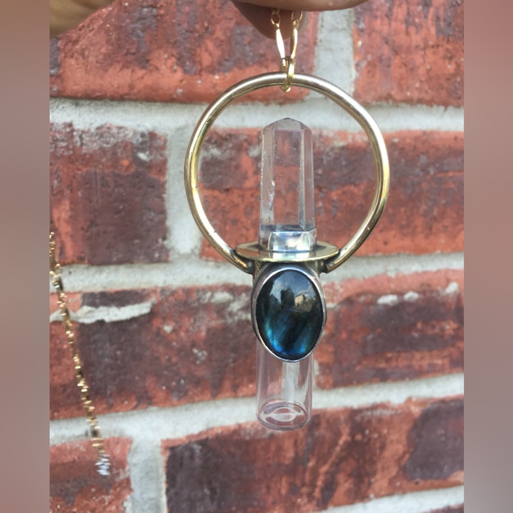 Roller Bottle Necklace Charm Clear Quartz and Labradorite EUC